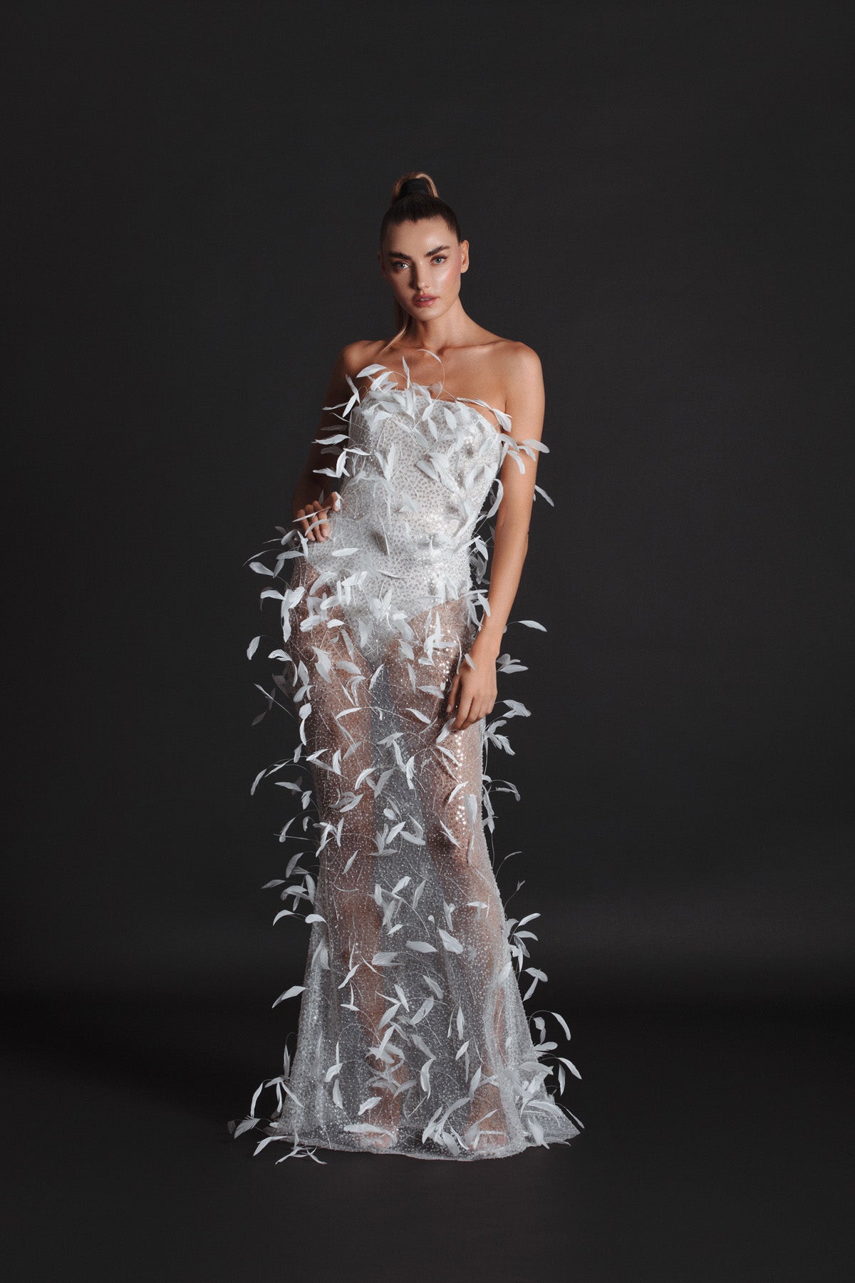 Strapless white tulle gown worn with a hooded cape, hand appliquéd with coq plumes and embroidered with metallic silver threads, glass beads and sequins