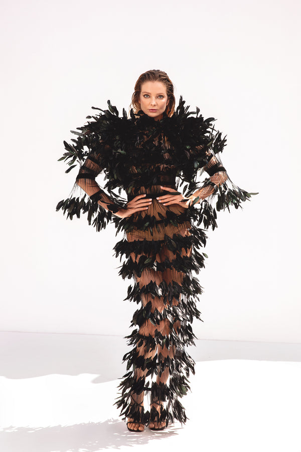 Sheer black feathered tulle dress