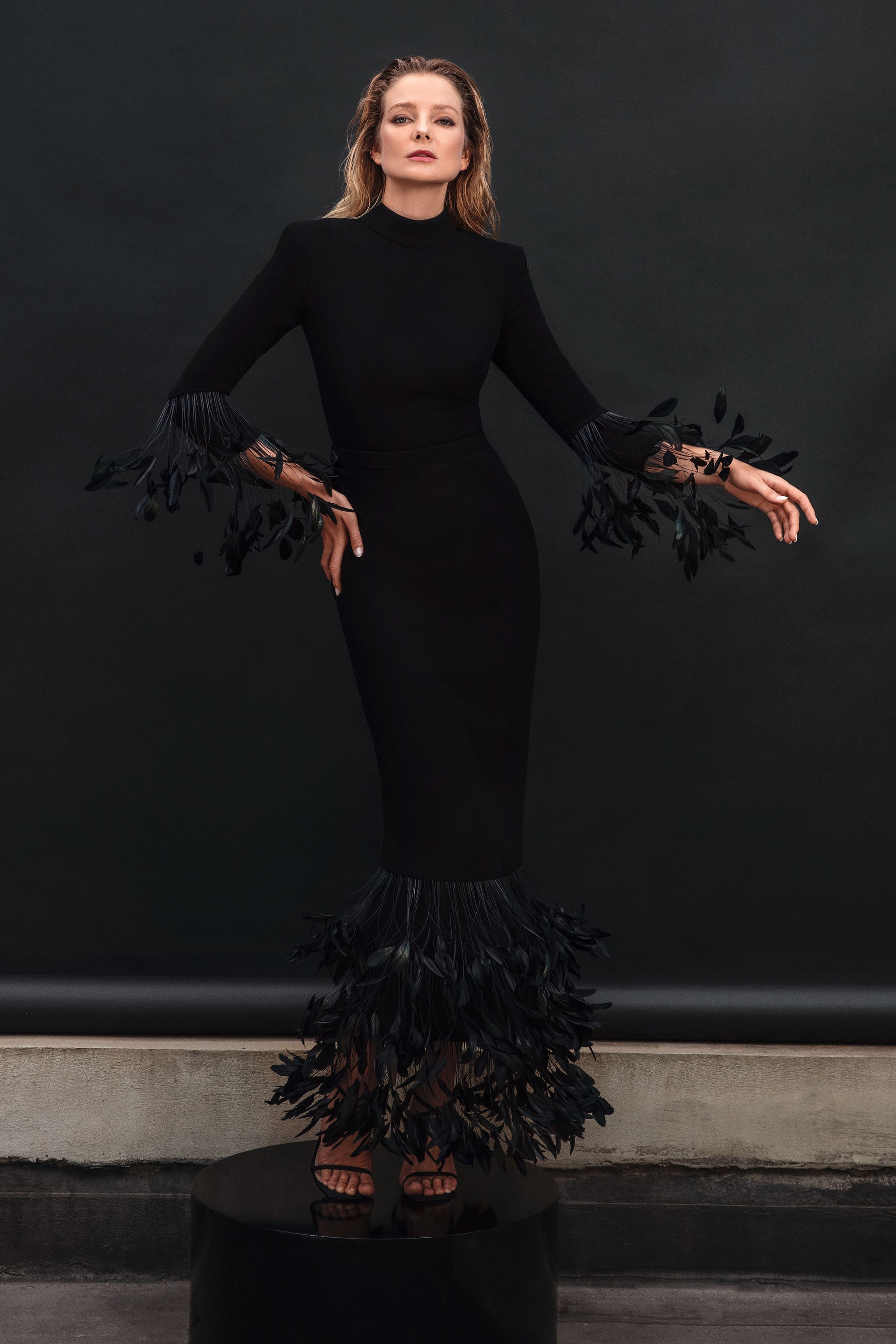 Black silk crêpe dress with feathers