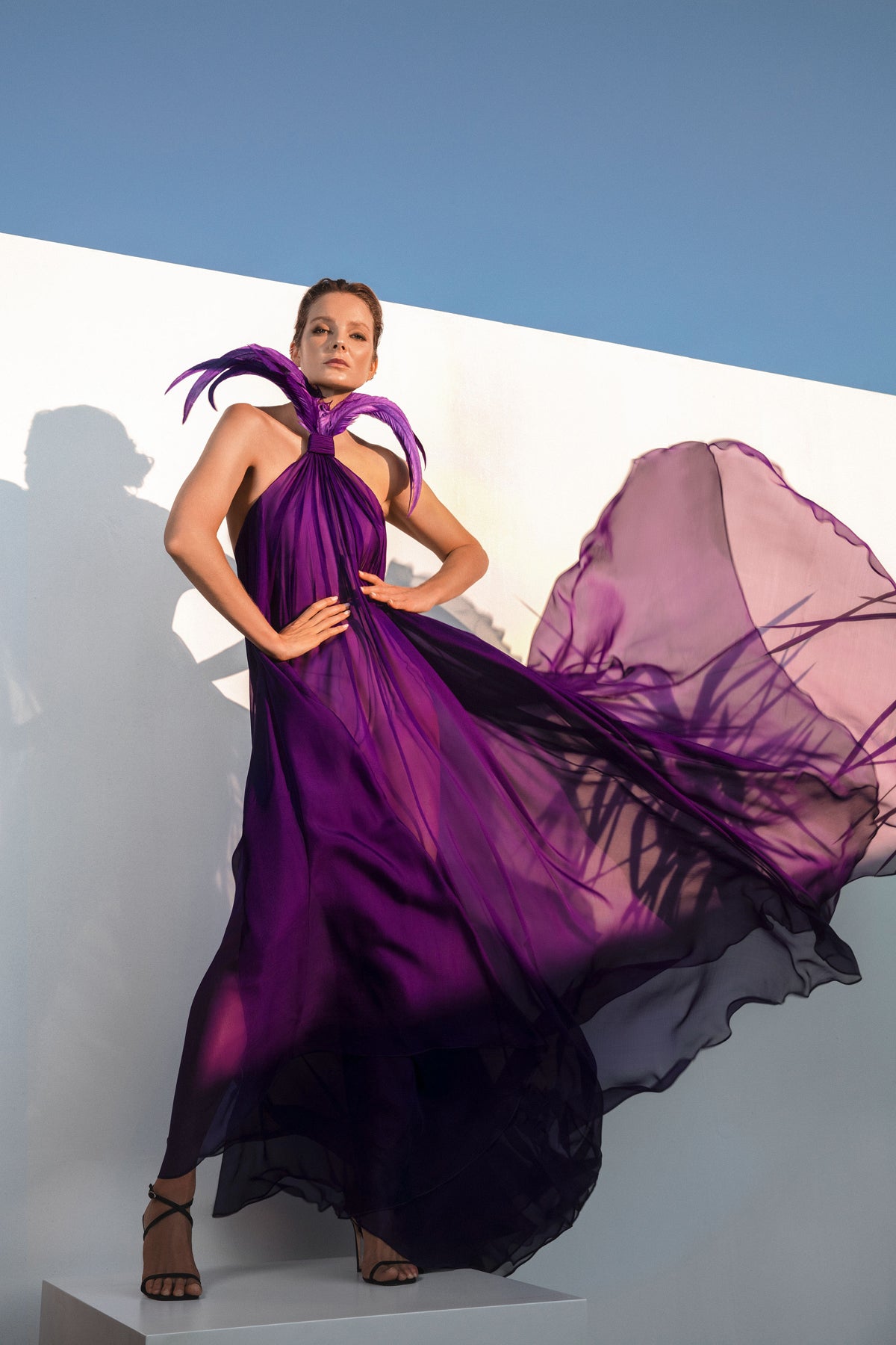 Halter neck chiffon purple shift dress