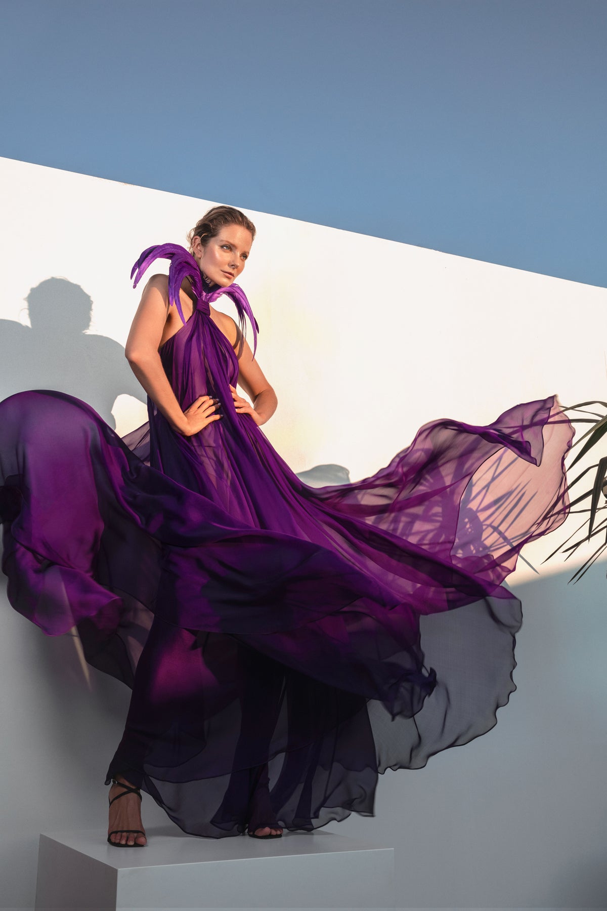 Halter neck chiffon purple dress