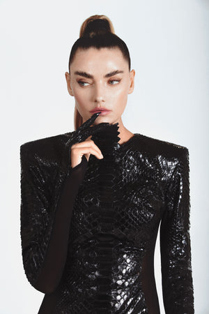 High-gloss black python dress with built-in two fingered gloves