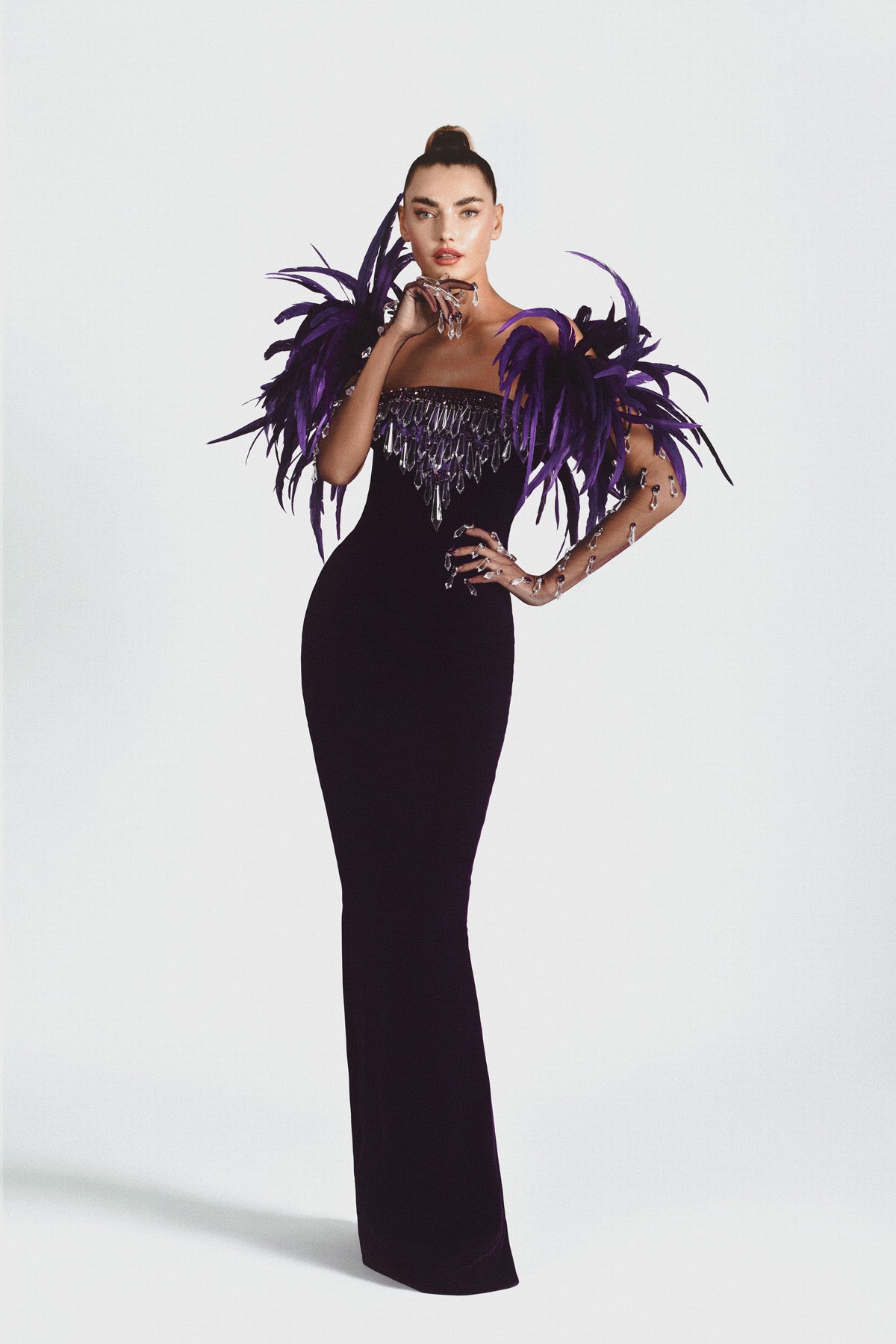 Purple velvet strapless gown, hand embroidered with Swarovski stones, Purple velvet strapless gown, hand embroidered with Swarovski stones,