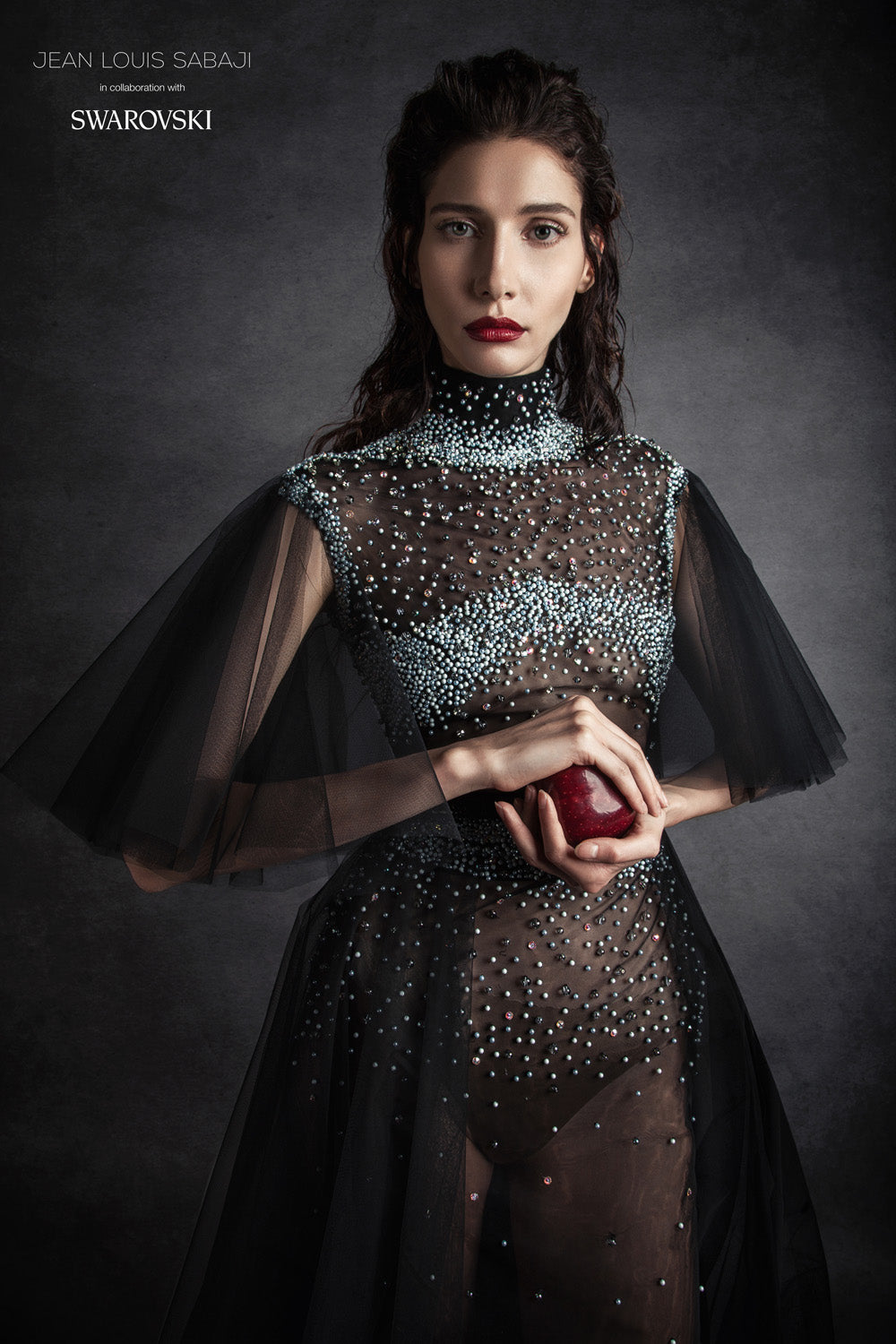 Silk black tulle sheer A-line dress embellished with Swarovski crystals and pearls