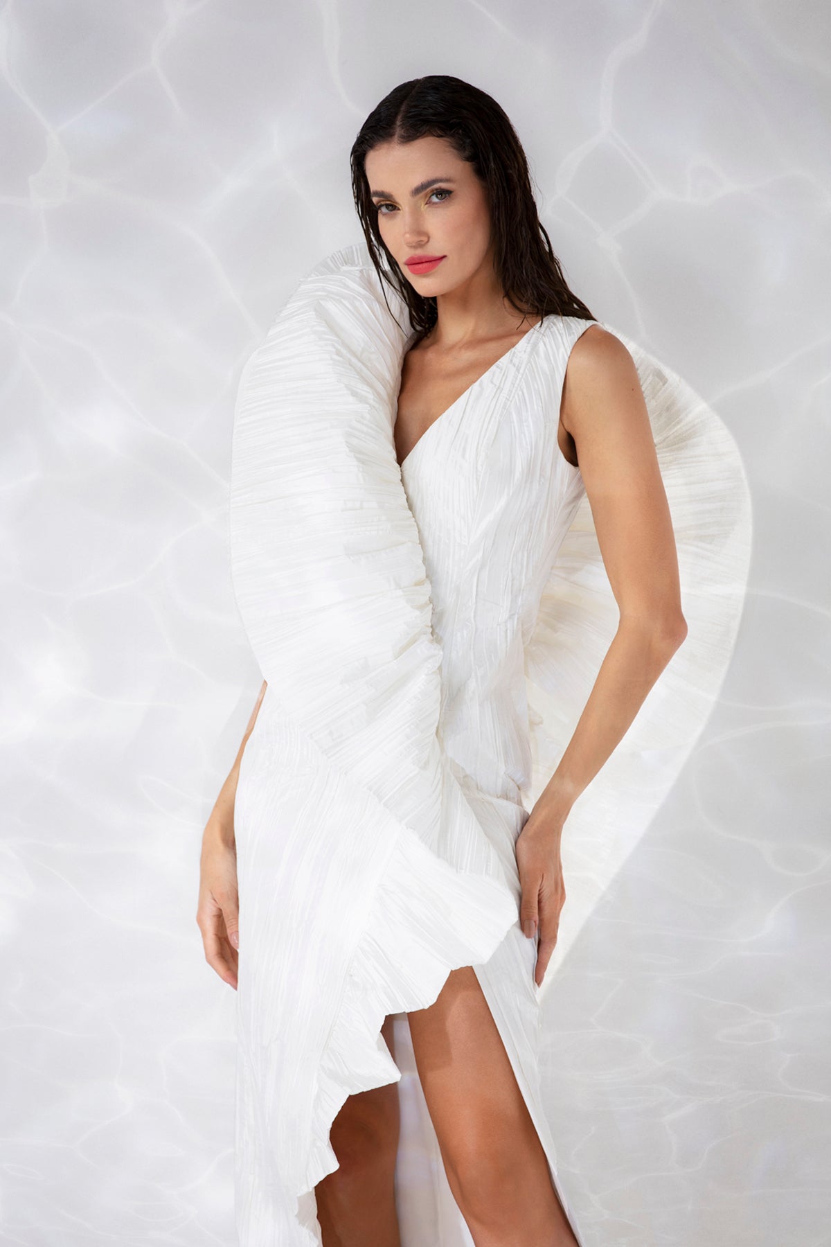 crushed silk dress White crushed silk taffeta dress with a side split and exploded ruffle
