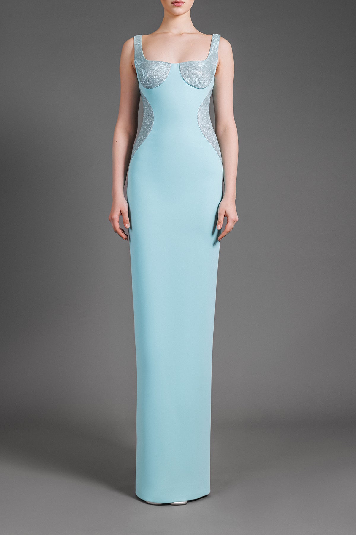 Aqua green crpe dress with shimmery optical illusion detailing Aqua green crpe dress with shimmery optical illusion detailing