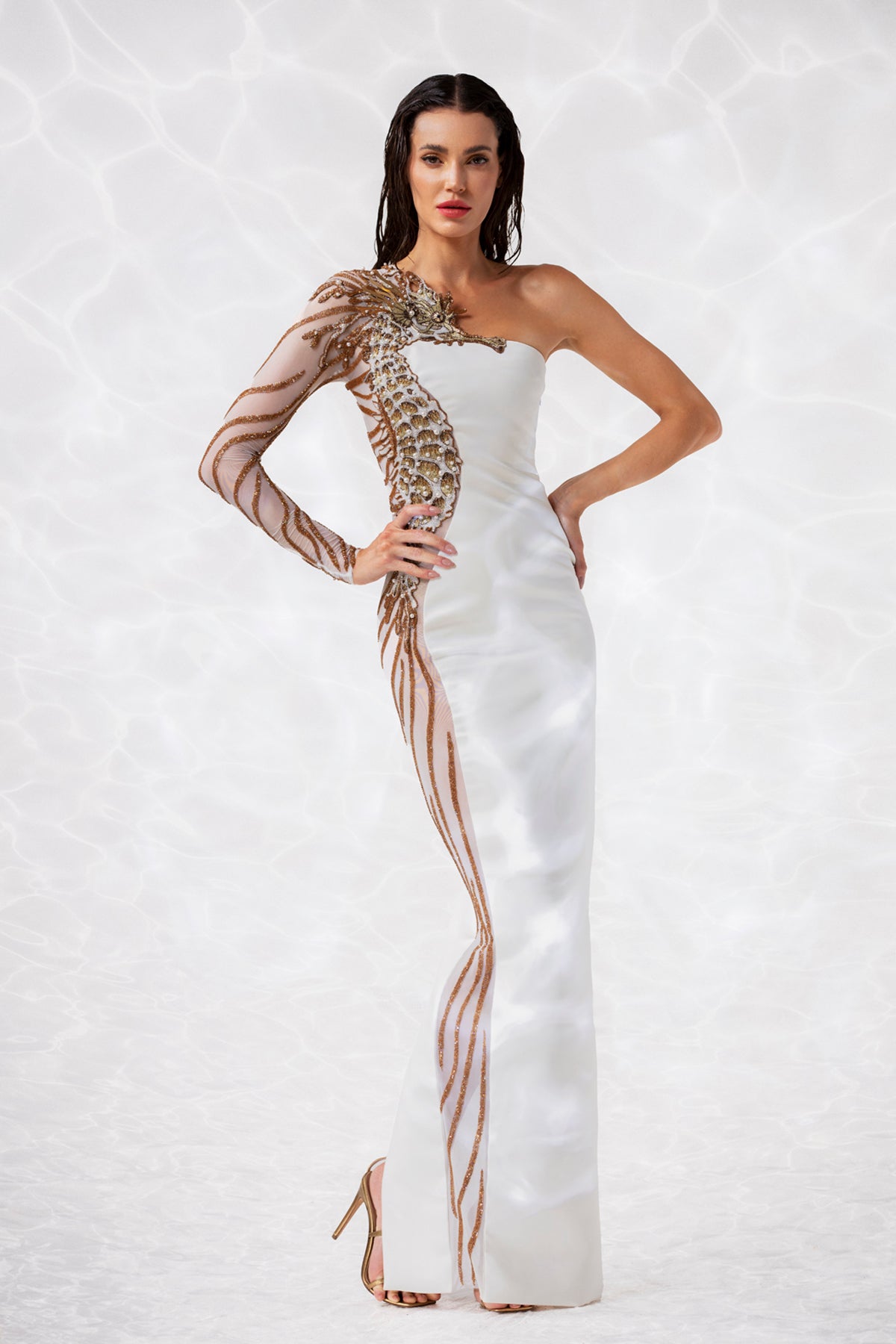 Crystals, glass beads, macro sequins, and metallic thread-work embroidered white silk crêpe gown, lavishly illustrated with a seahorse