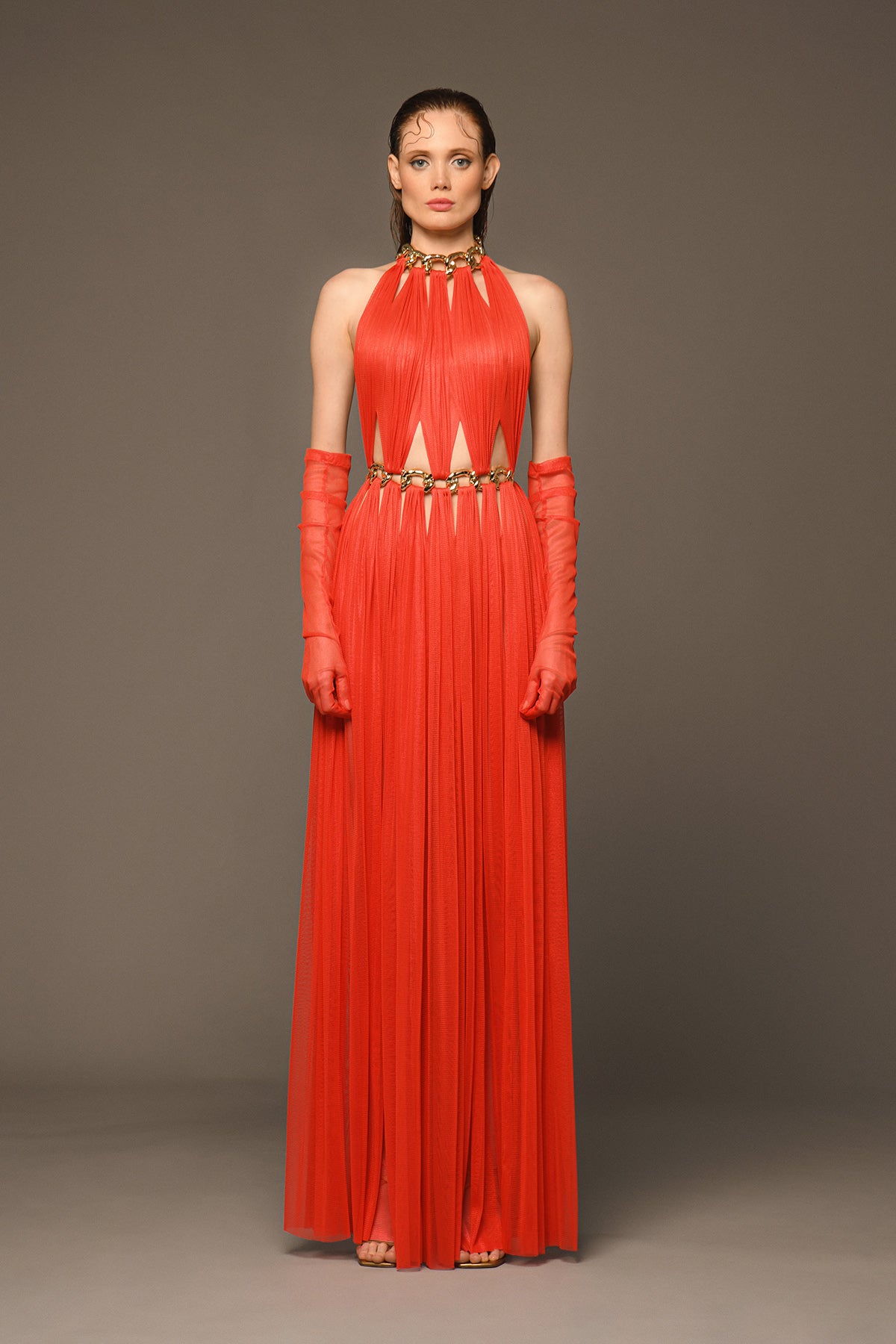 open lace back dress Orange red dress with cutouts, chains and gloves