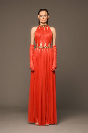 Orange red dress with cutouts, chains and gloves