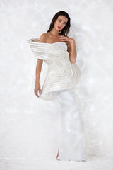 Sleeveless bustier handcrafted in pearl white silk satin 3D tubes, with a corseted crêpe gown