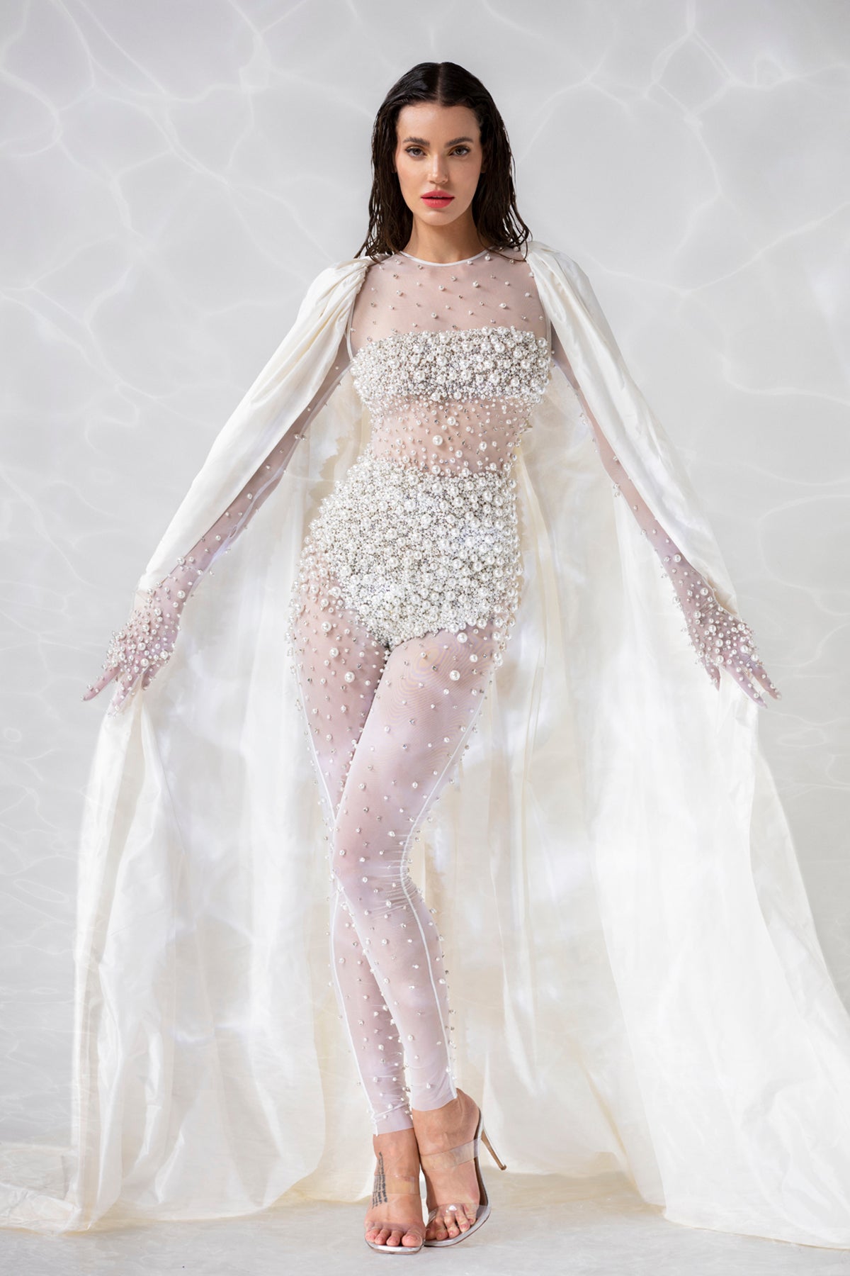 bodysuit with sheer dress Sheer white bodysuit with crystal and pearl embroidery, worn with an i