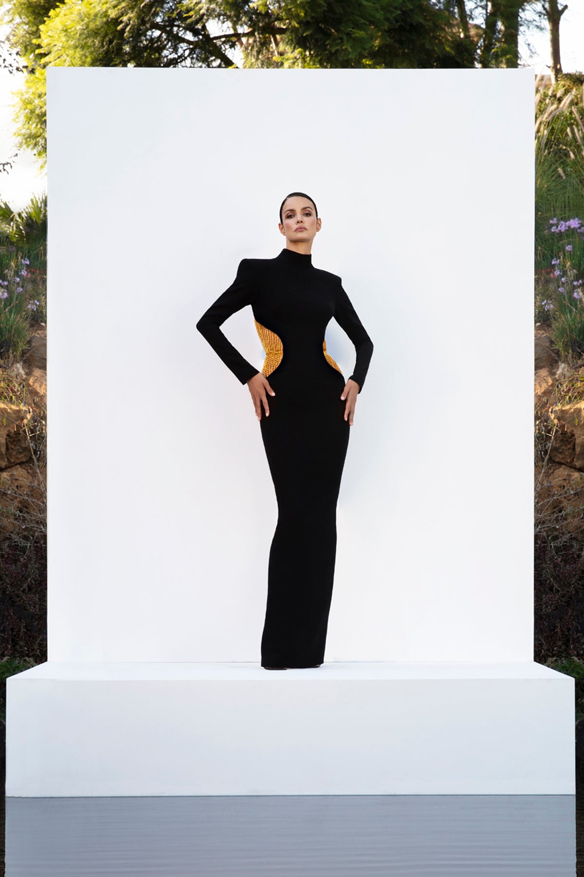 Black crêpe column dress with chains