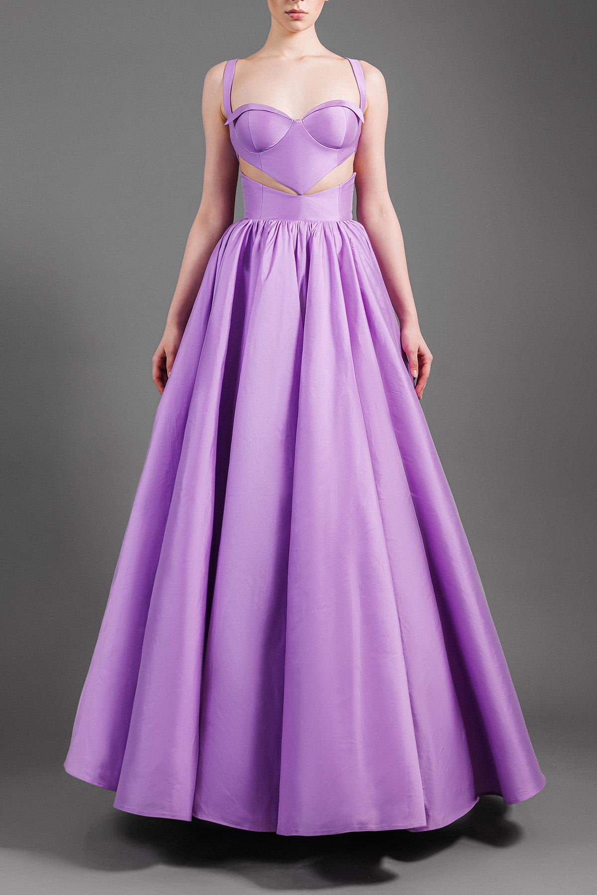 Purple taffeta ball gown with a V cut-out above waistline Purple taffeta ball gown with a V cut-out above waistline