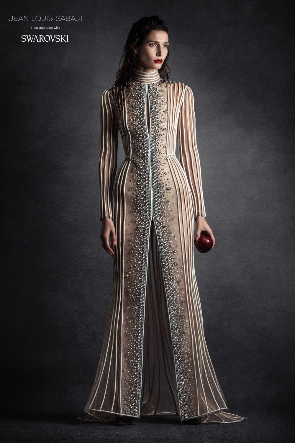 Creamy-white silk Dupioni signature mermaid dress, embellished with Swarovski crystals