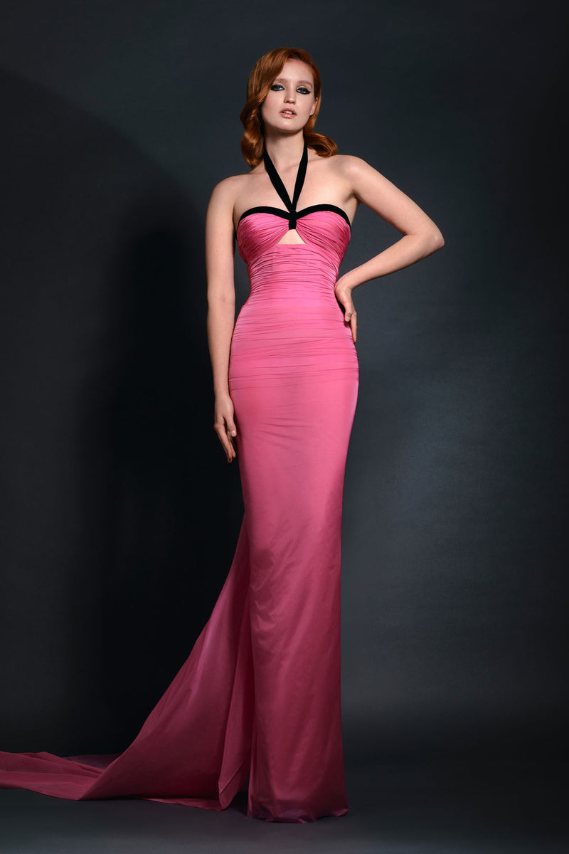 Hot pink impermeable chiffon and black velvet corseted draped dress with ruffled back bow detailing