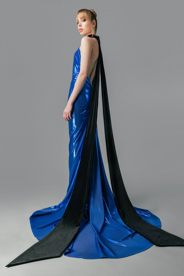 Backless blue lamé dress with black velvet tie