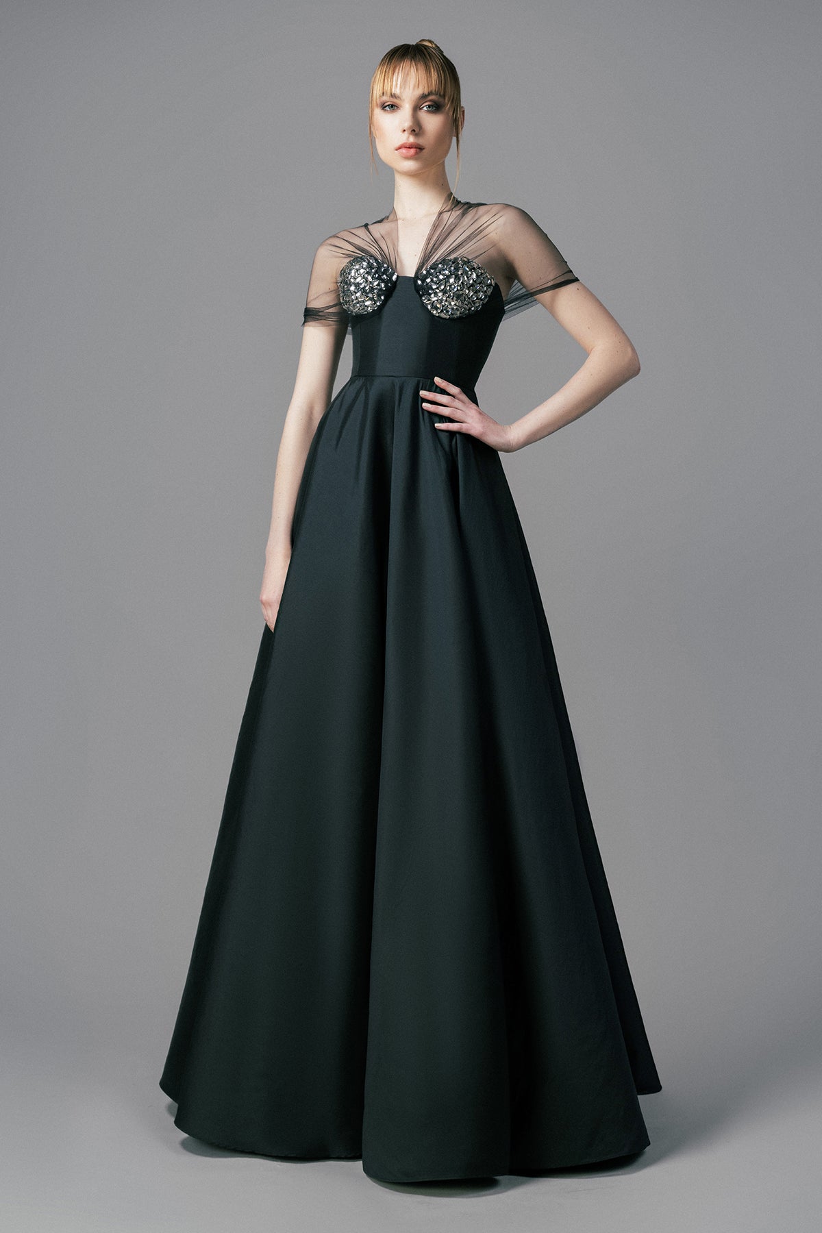 Black taffeta A-line dress with crystal embroidery on bust