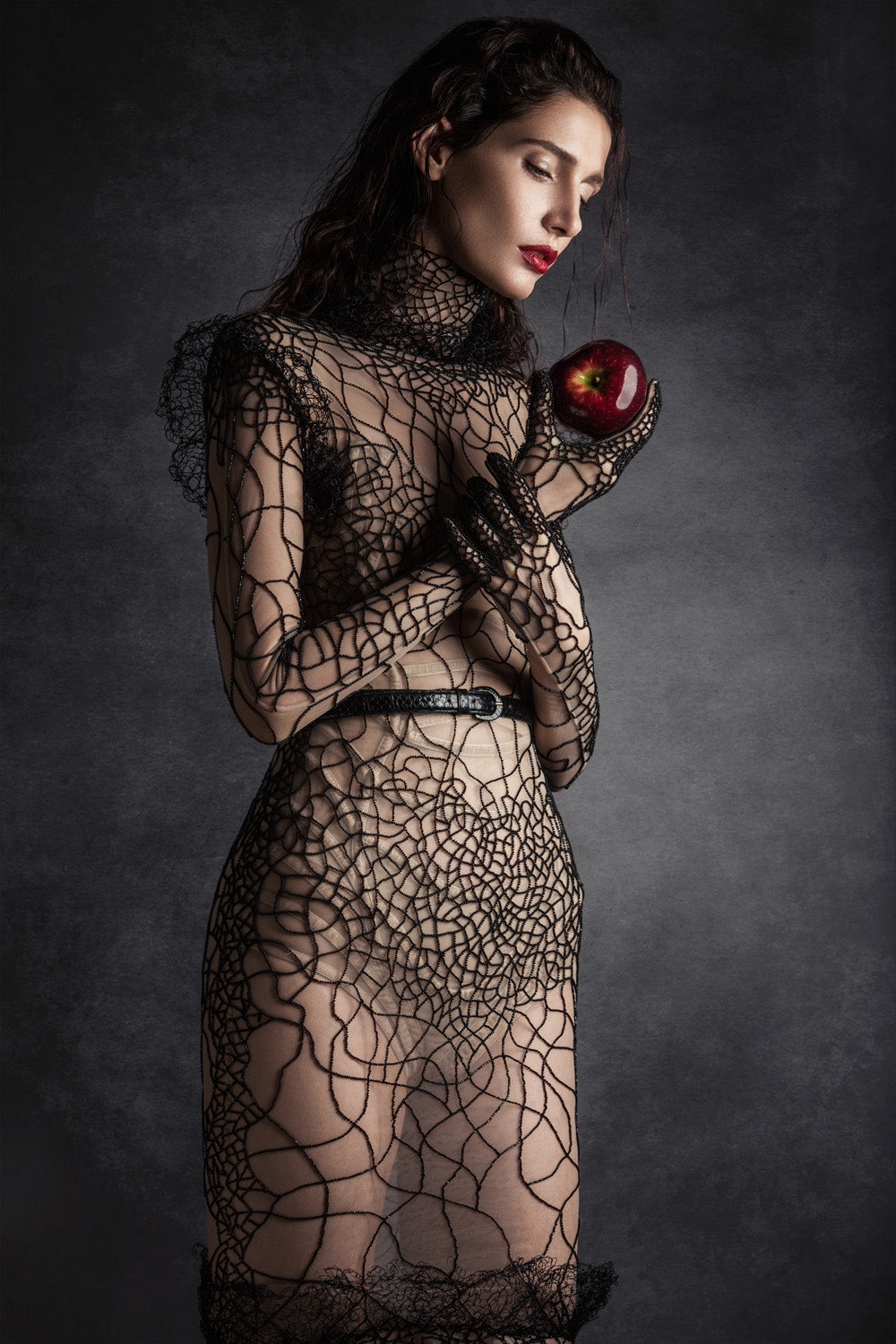 Structured nude silk sheer mermaid dress, embellished with handwoven wire mesh and beads