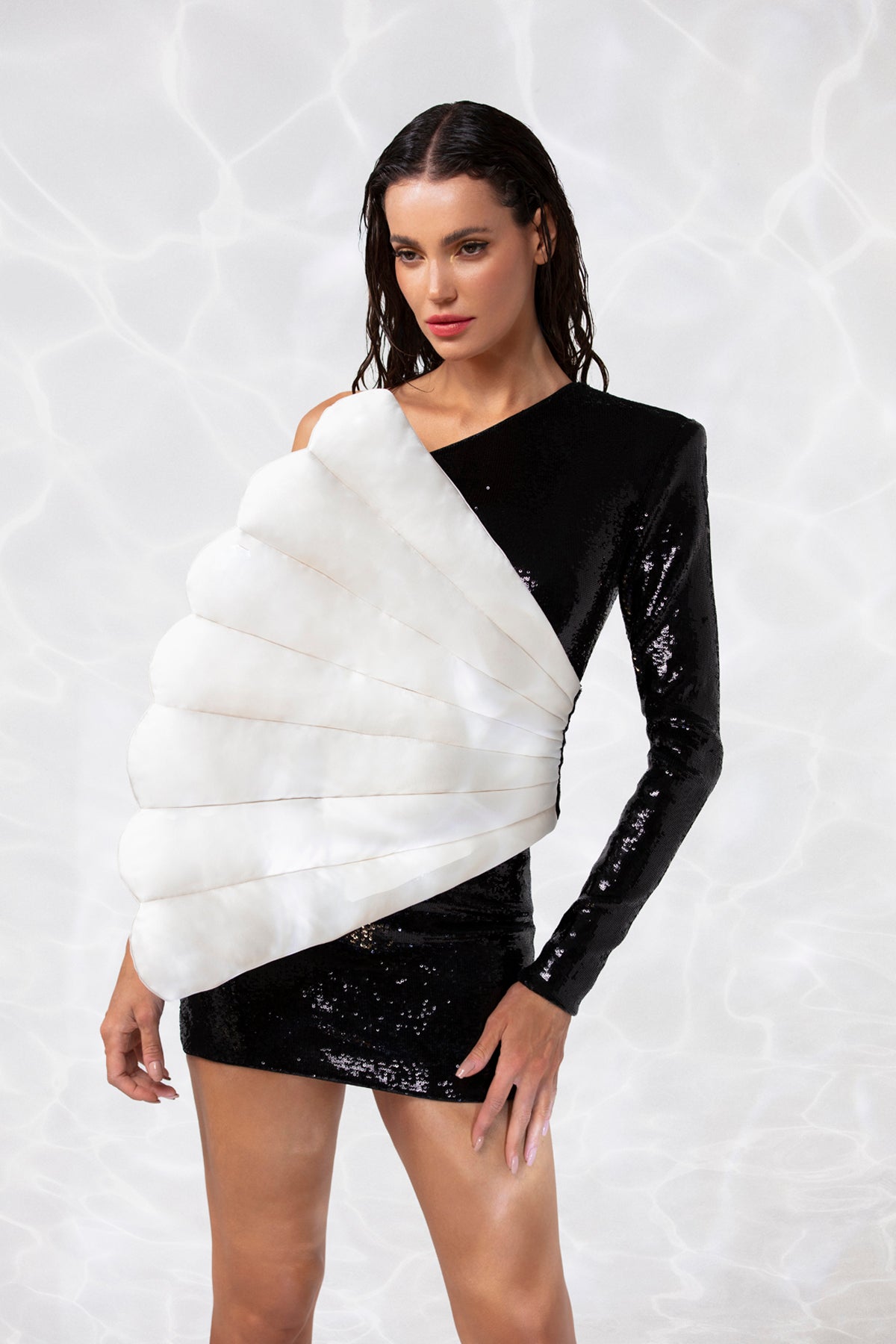 Mini dress in jet black sequins featuring a scallop shell handcrafted in padded silk satin