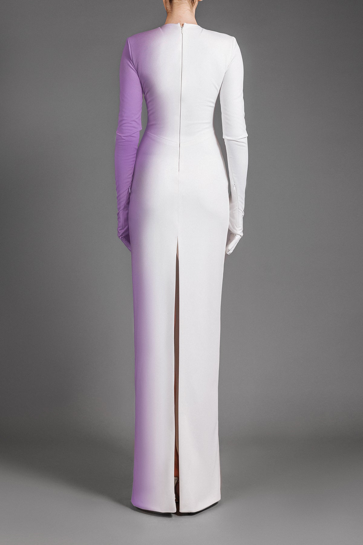 Print ombré white crêpe dress with built-in gloves