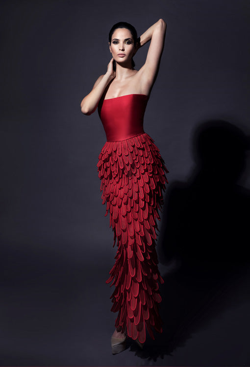 Blood red cocktail dress in silk scuba with cocoon skirt fully layered Blood red cocktail dress in silk scuba with cocoon skirt fully layered