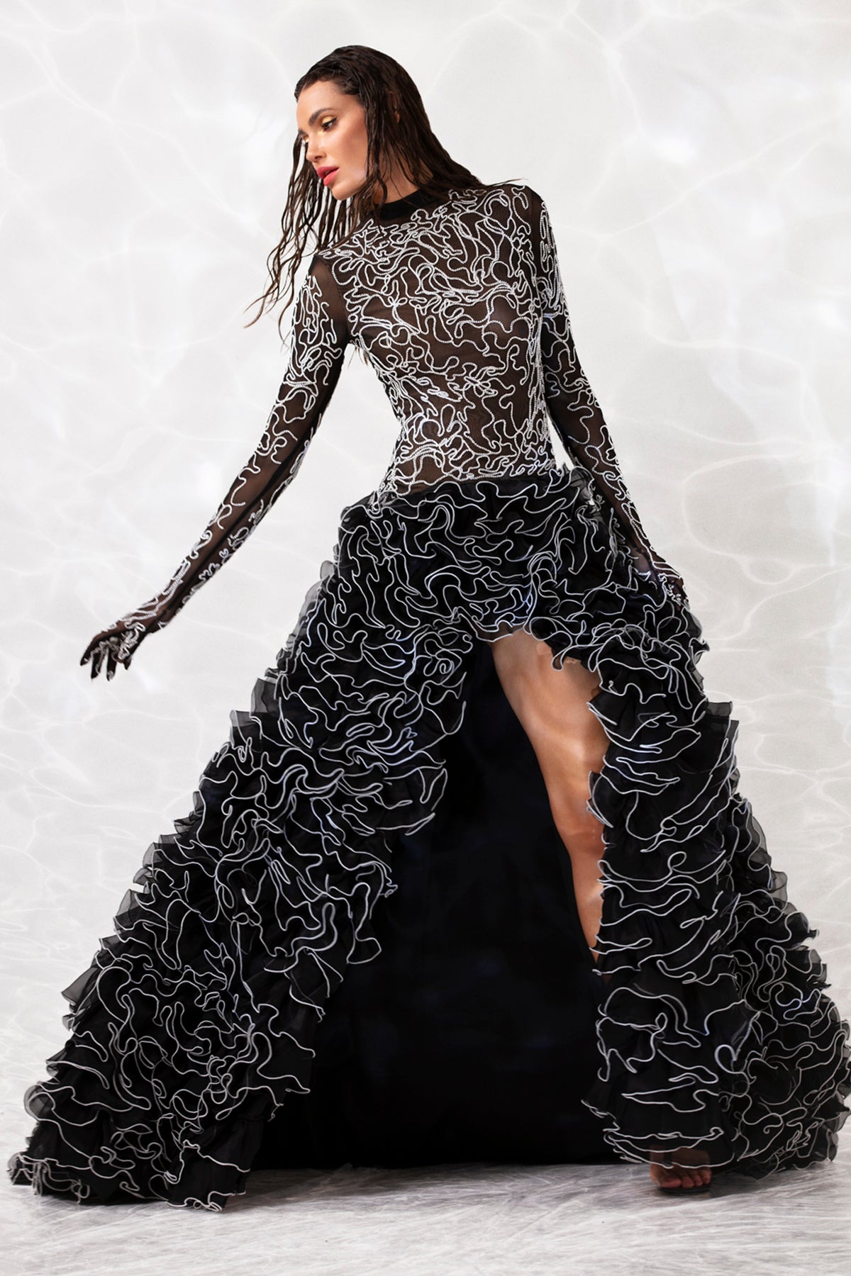 Black sheer gown with built in gloves embroidered with waves of white Black sheer gown with built in gloves embroidered with waves of white