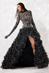 Black sheer gown with built in gloves embroidered with waves of white silk threads and micro beads and a ruffled skirt in silk organza