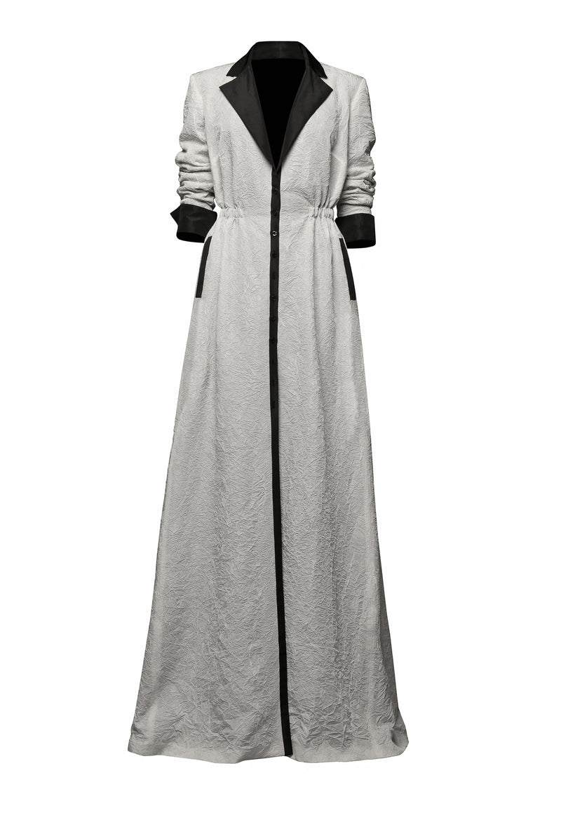 Long sleeved Ivory crushed taffeta shirt-dress with black contrasting lapel and cuffs