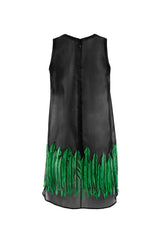 Sleeveless black organza mini dress with green feathers
