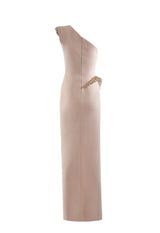 One shoulder nude pink draped dress