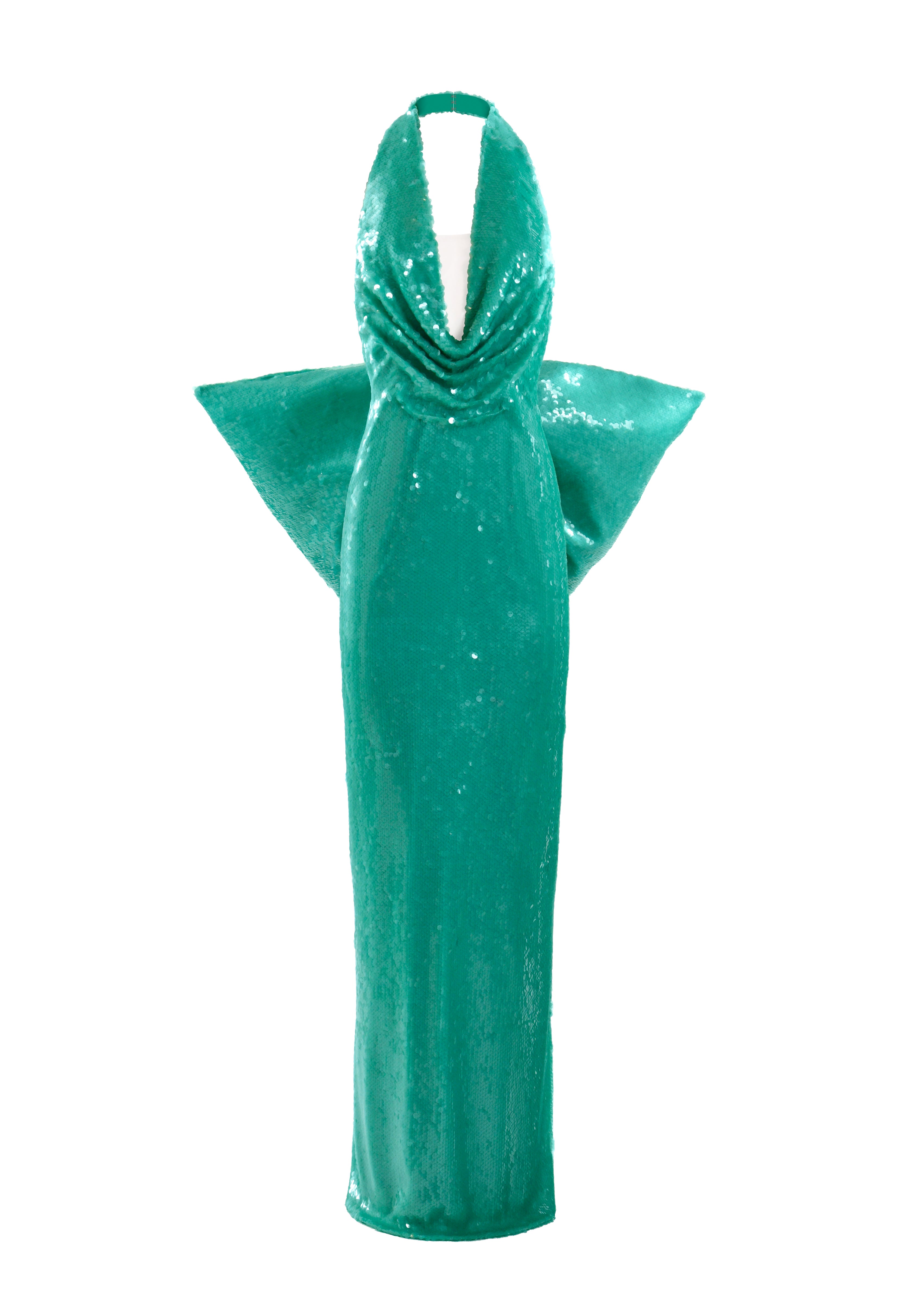 Haltered cowled neck aqua green sequined dress with oversized bow