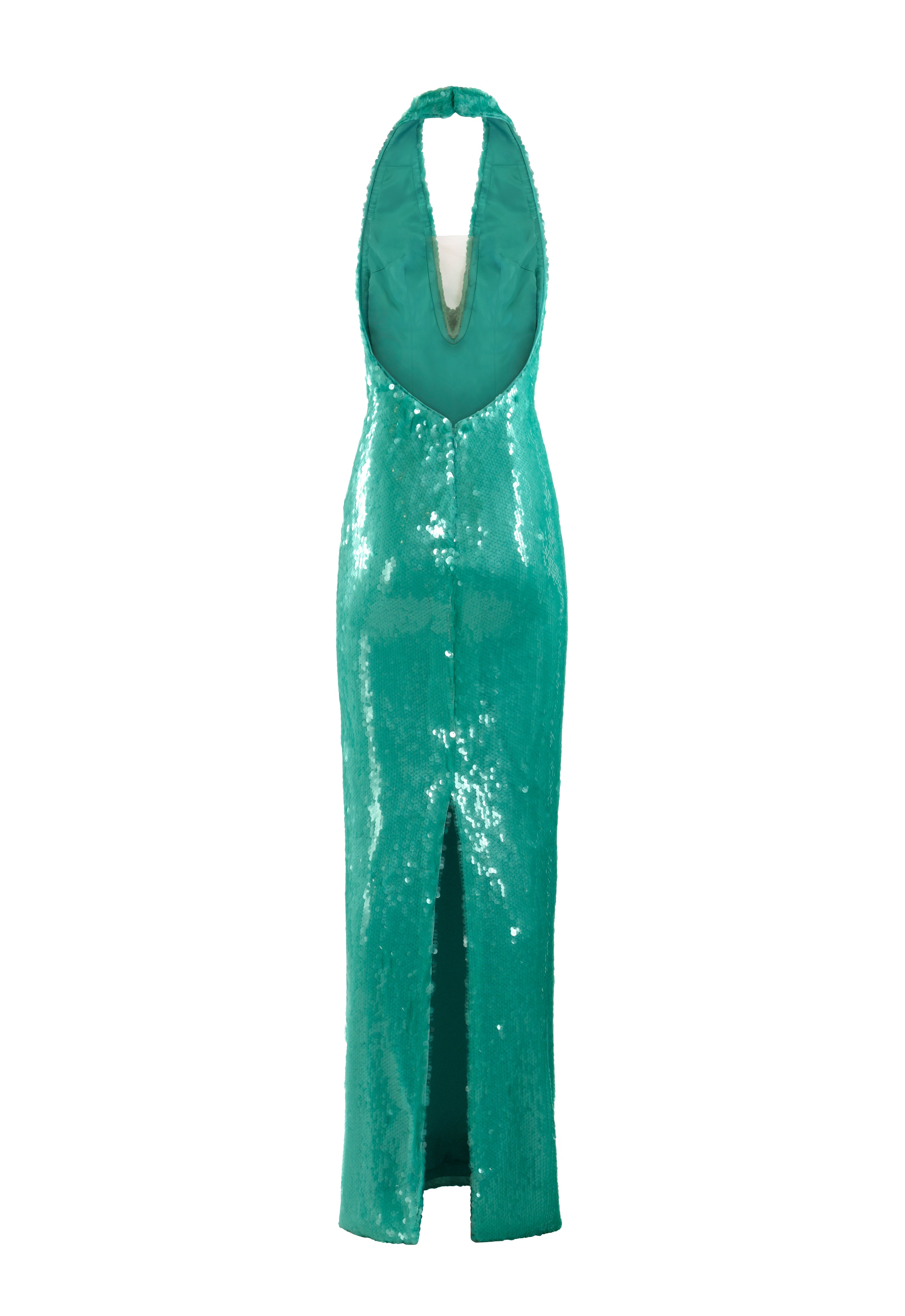 Halter cowl necked aqua green sequined dress