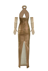 Bronze draped gown with gloves