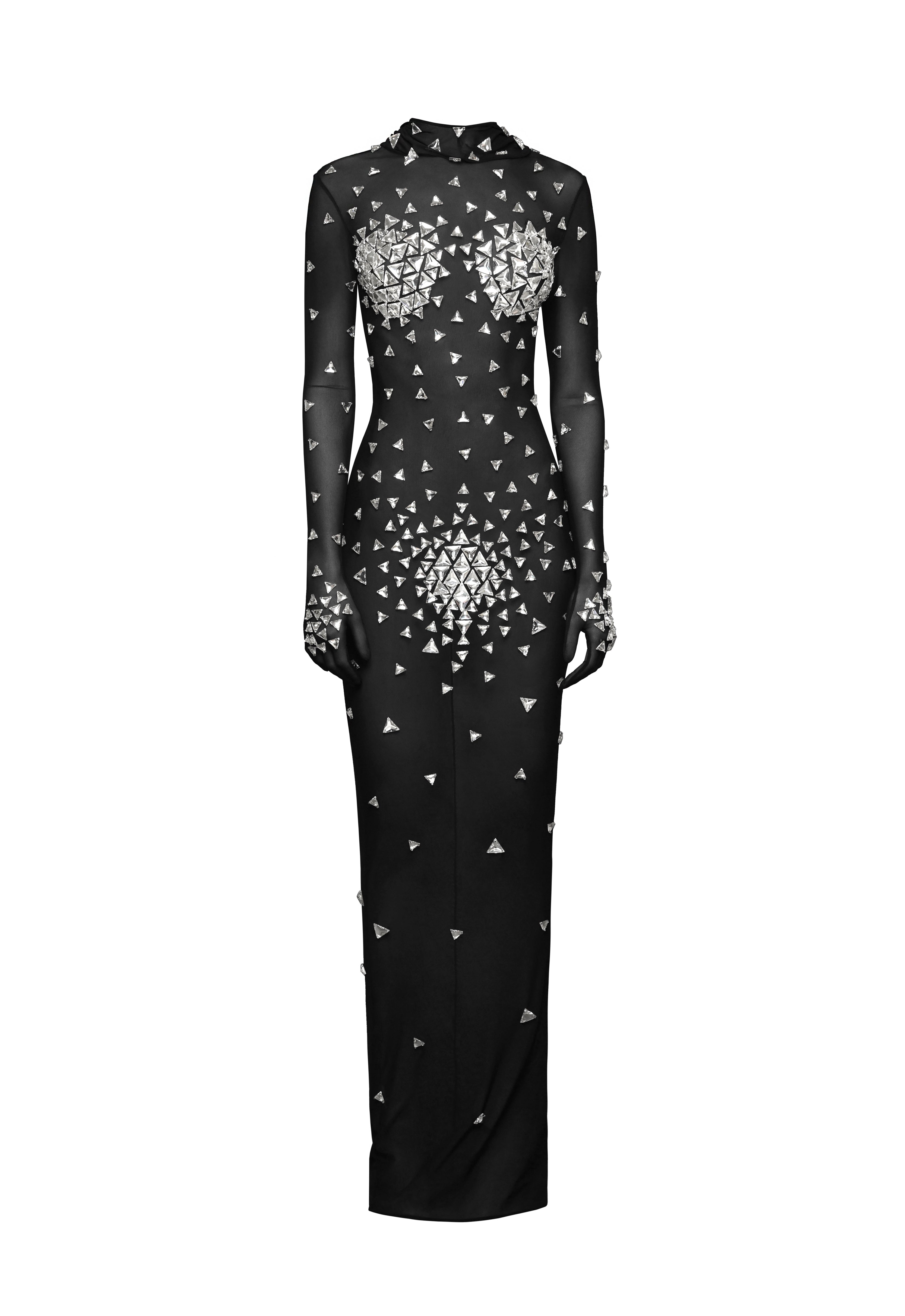 Crystal embroidered sheer black dress with hoodie