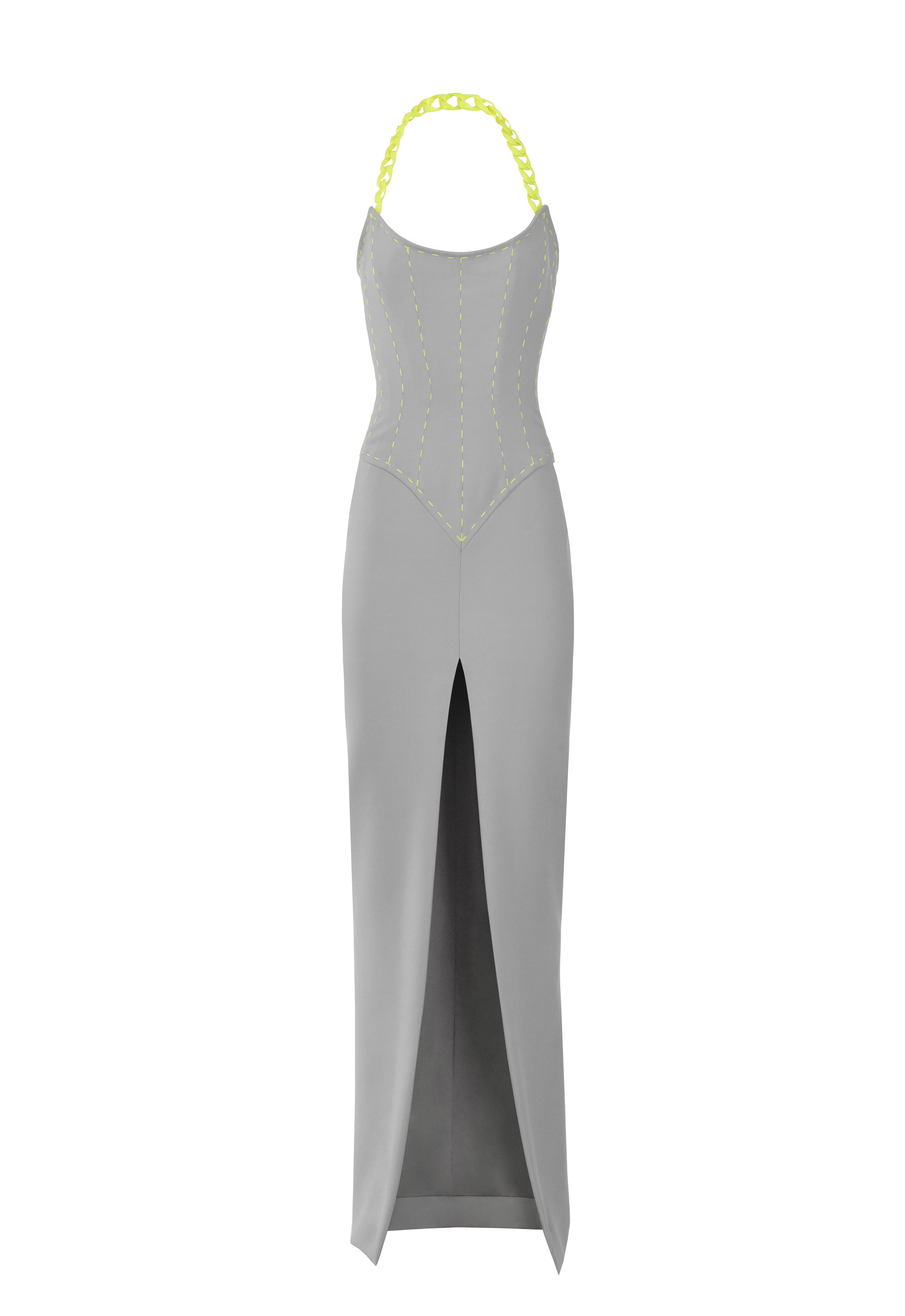 Grey corseted dress with neon chain and threads