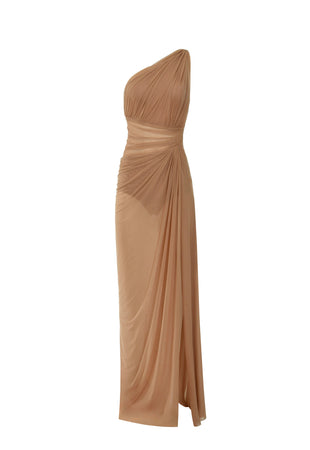 Asymmetrical sheer nude tulle draped dress