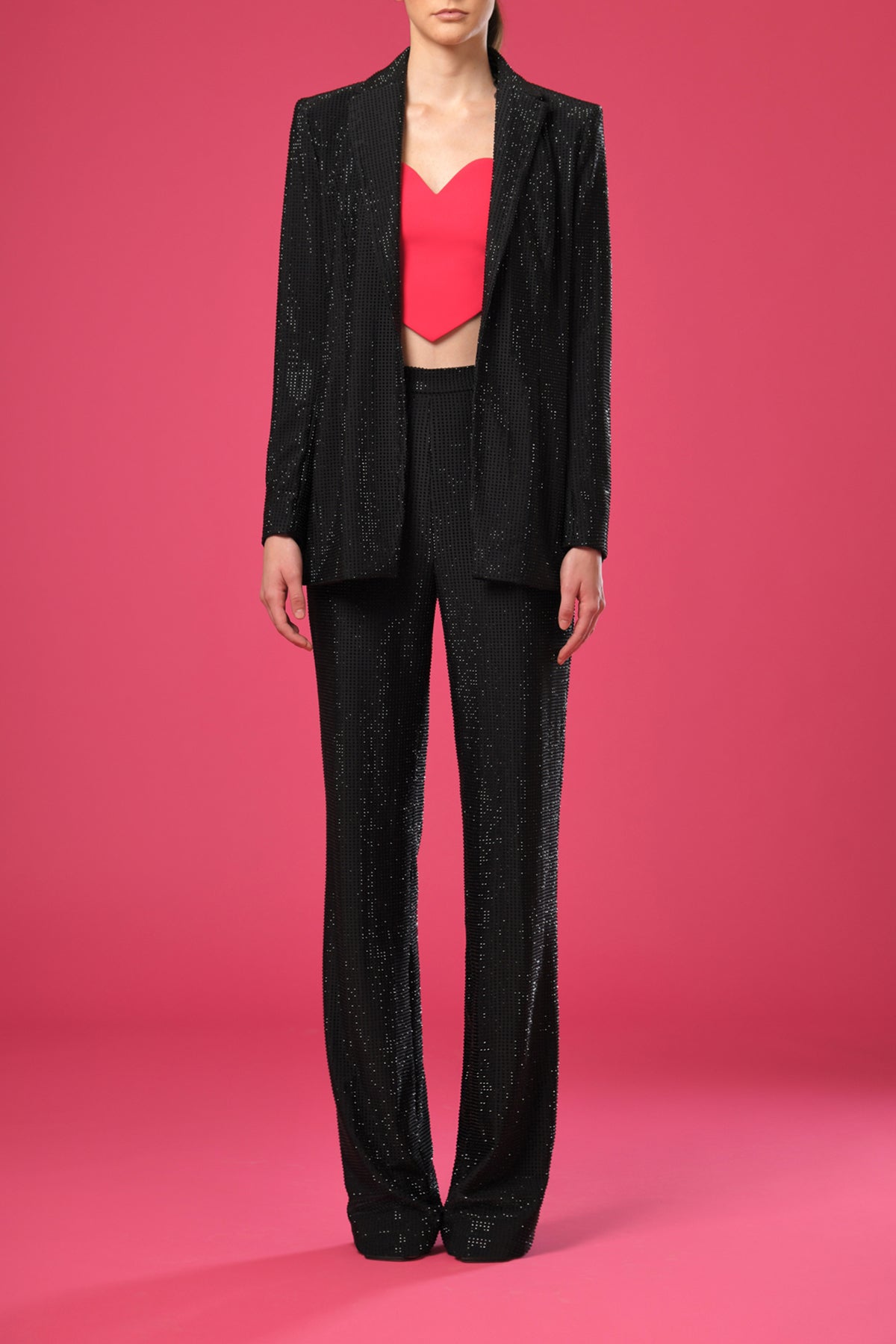 Black suit with black rhinestones with heart shaped top