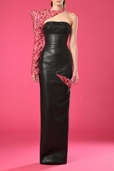 Black leather dress with crystals embroidered sleeve
