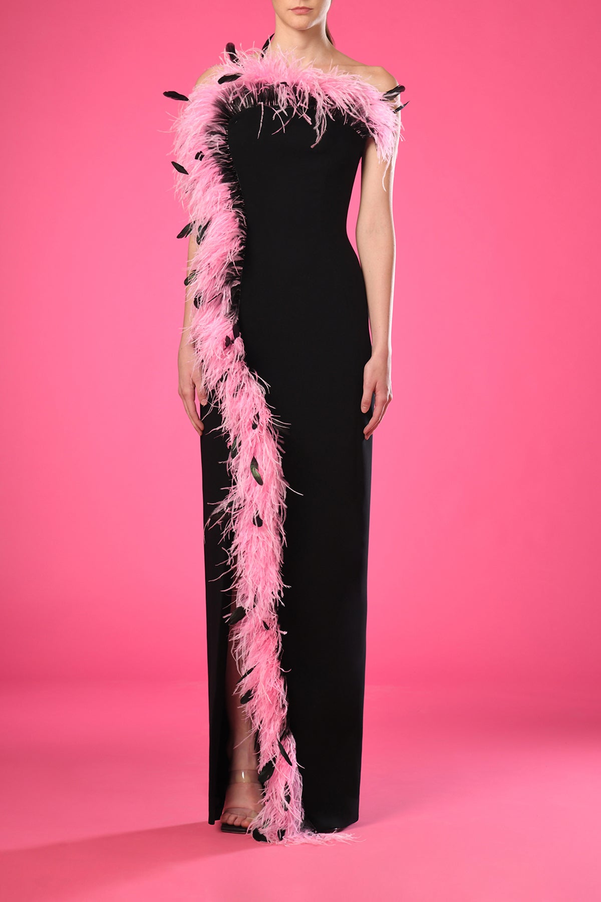 black dress with feathers Black crêpe dress with ombre feathers