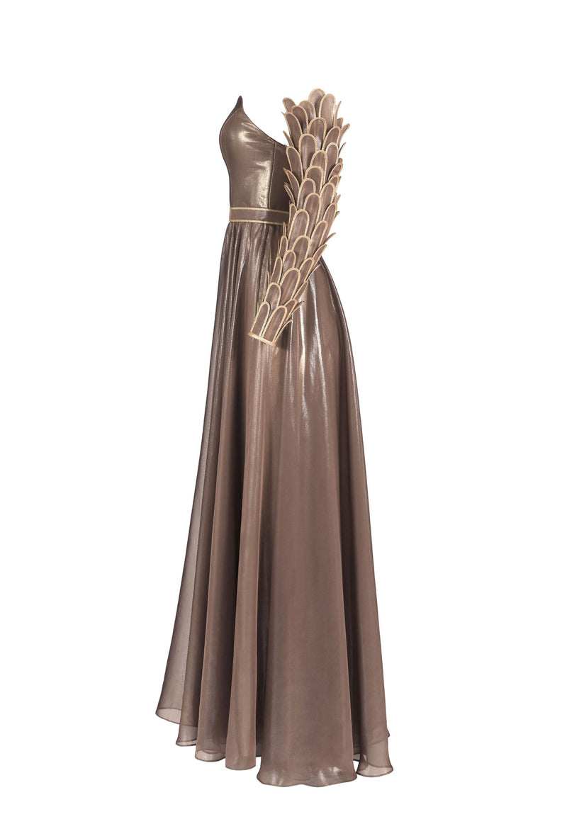 Corseted bronze dress with separate custom feathers