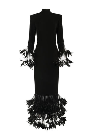 Black silk crêpe dress with black feathers