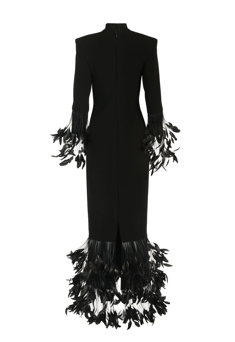 Long sleeved black silk crêpe dress with feathers