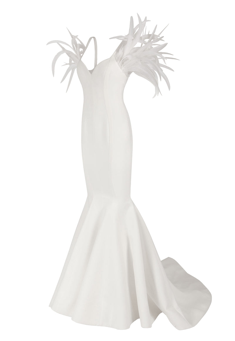 White silk crêpe mermaid gown with feathers