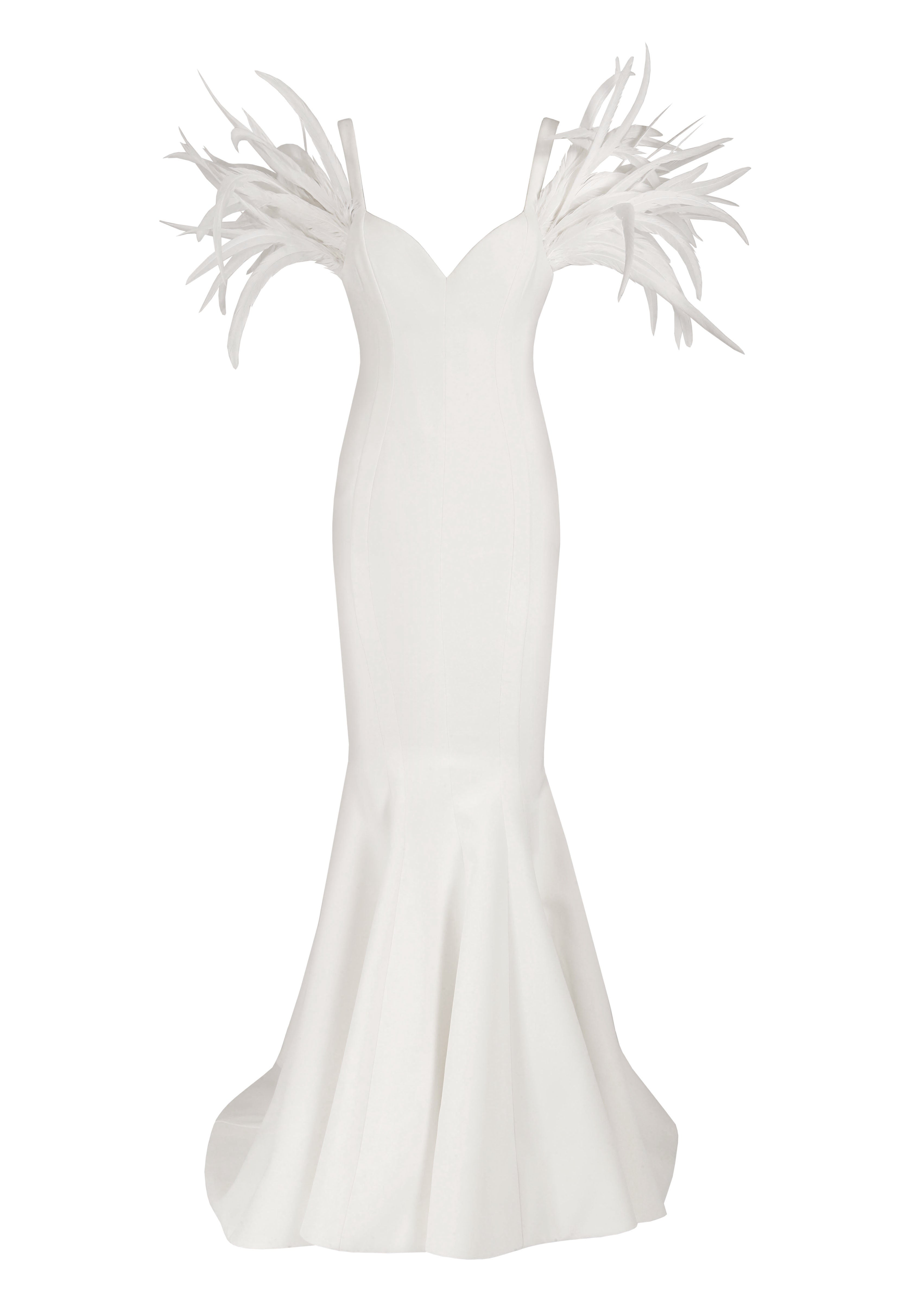 White silk crêpe mermaid gown with feathers and train
