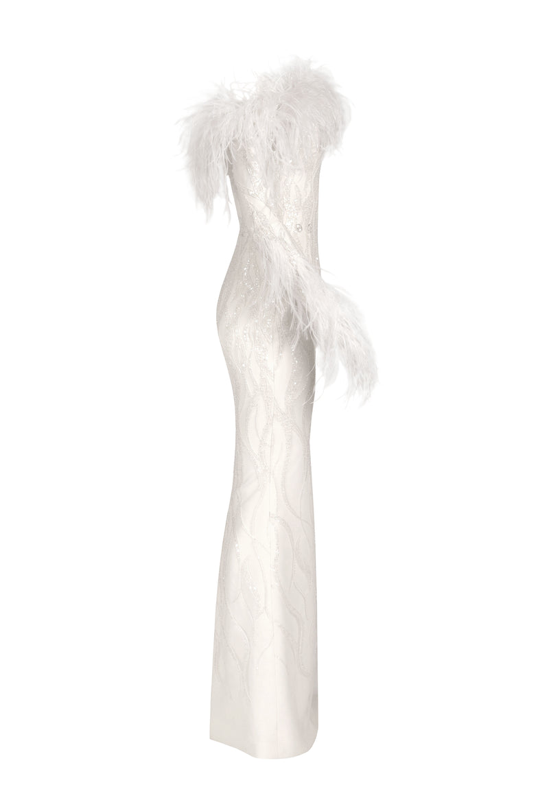 Off-white tulle embroidered bridal gown with feathers