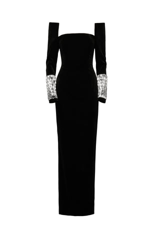 Fitted black velvet dress with crystal baguettes on sleeves