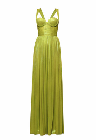 Draped lime green maxi dress in silk foiled tulle and gloves