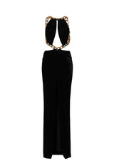 Embroidered black velvet dress with gold chains