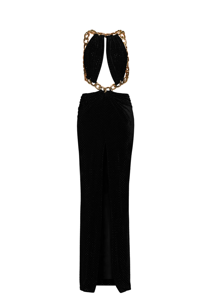 Embroidered black velvet dress with gold chains
