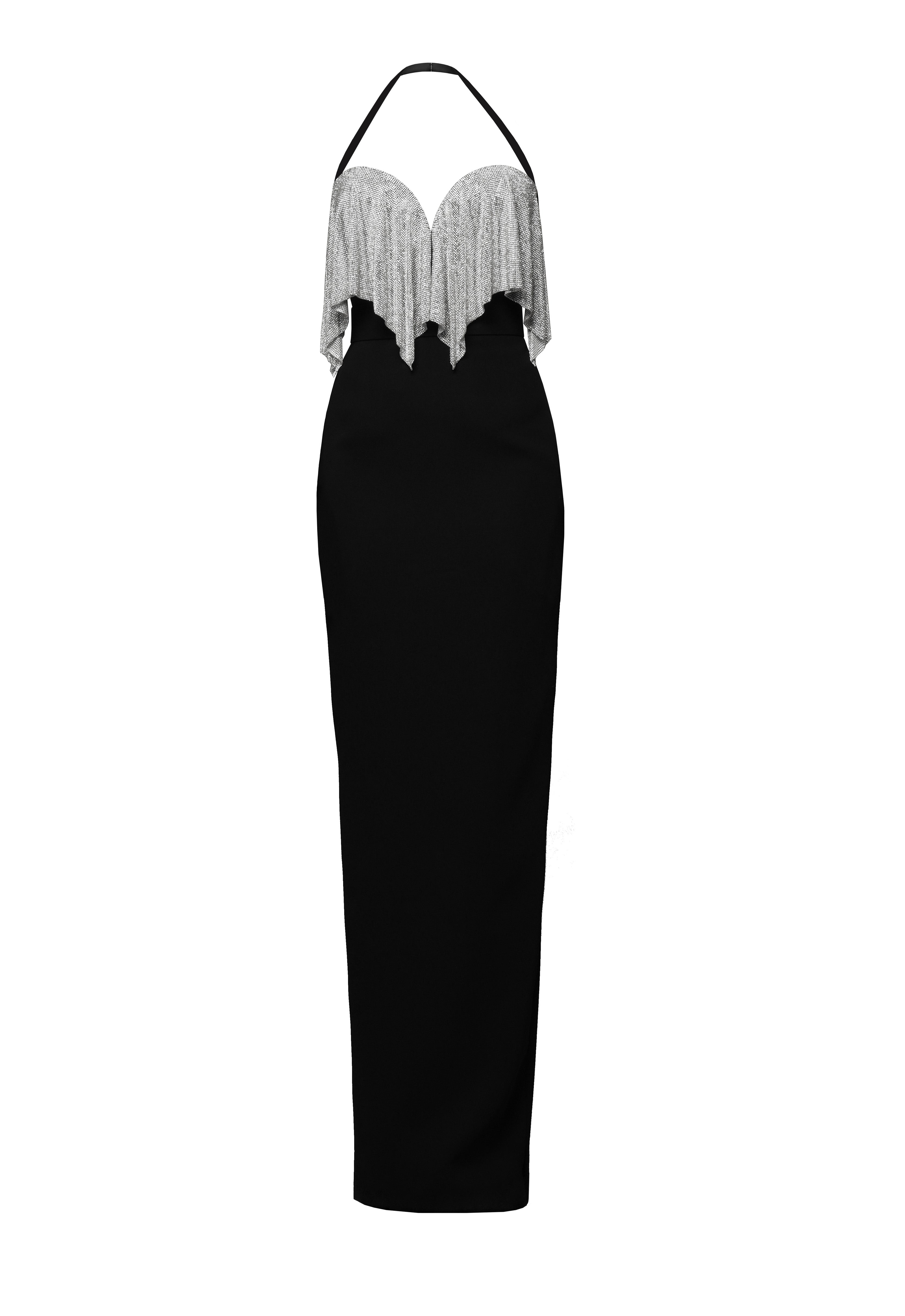 Black crêpe corseted dress with crystal chainmail on bust